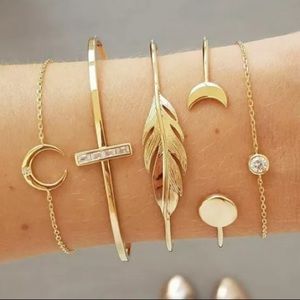 Five Piece Gold Feather and Moon Bracelet Set